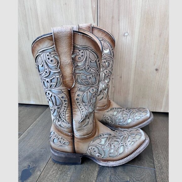 Corral Teen Shiny Inlay Western Boots Square Toe Size 2.5T Leather Cowgirl - Picture 3 of 11